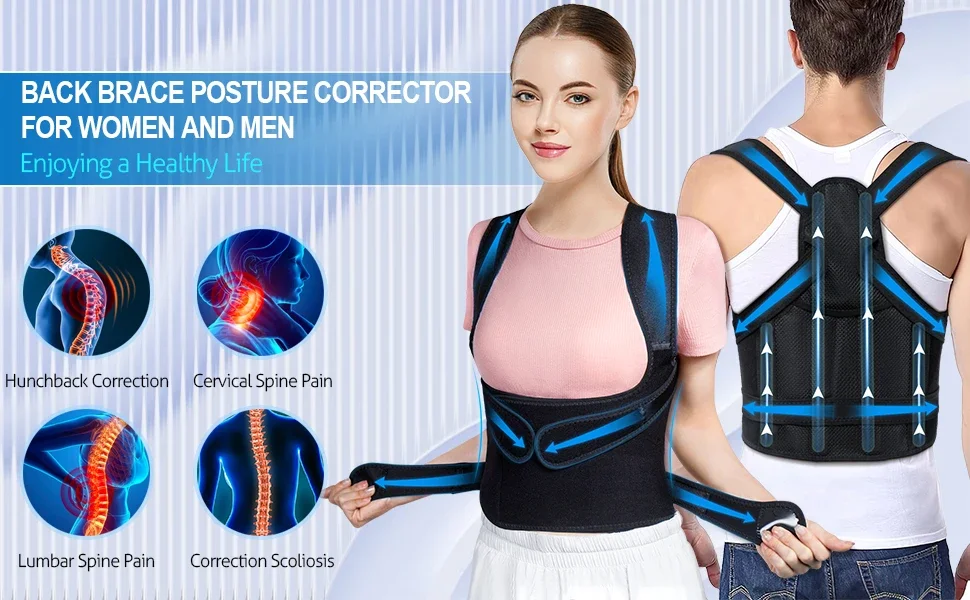 Description Picture 2 of itemBack Brace Posture Corrector Neck Shoulder Lumbar Adjustable Back Support Belt Improve Hunchback Pain Relief Women & Men Gym New