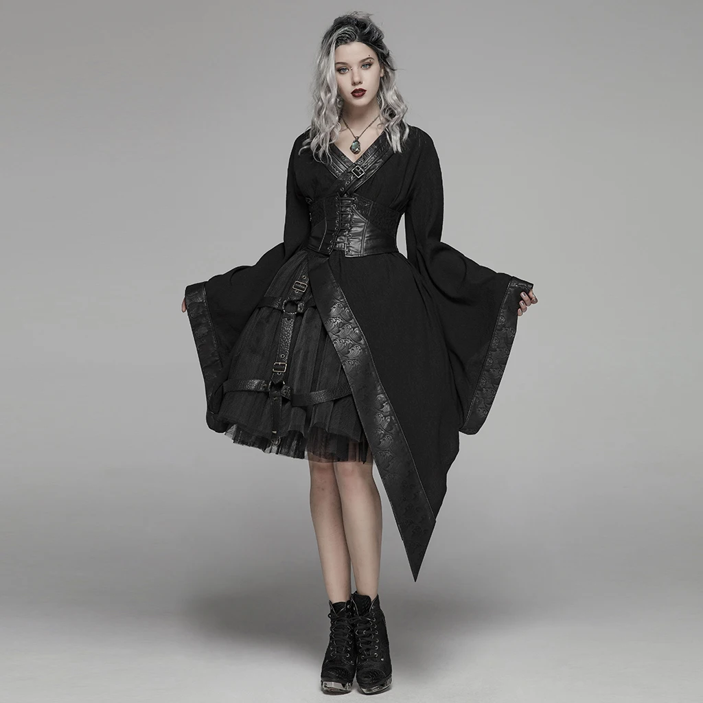 

PUNK RAVE Women Gothic Lolita Dark Punk Kimono Asymmetric Design Independent Corset Adjustable Party Personality Dress