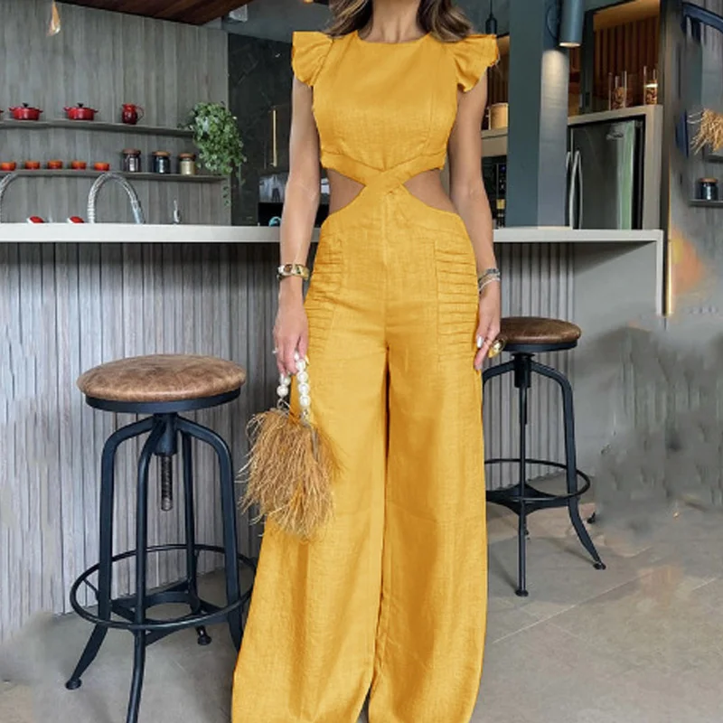 

Summer Ruffled Sleevleess Casual Jumpsuit Ladies Elegant Wide Leg Pants Jumpsuits Women Fashion Sexy Hollow Out Overalls Romper