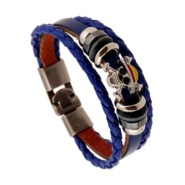 1Pc One Piece Luffy Pirate Bracelet Japan Cartoon Action Figure Toys Punk Black Leather Braided Punk Rock Bangles Bracelet Gifts 6