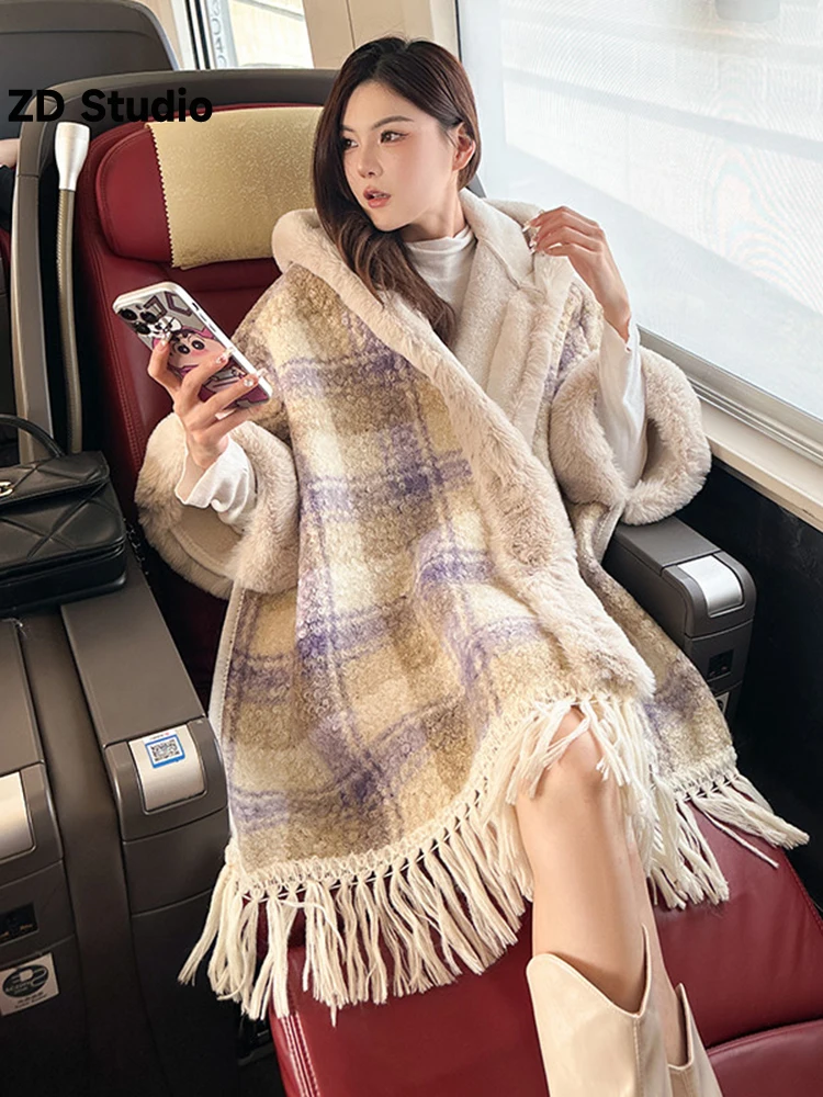 

[ZD Studio] 2023 Autumn And Winter New Cashmere Thickened Collar Cloak Coat Women Loose Cardigan Fringe Lazy Trench Coat