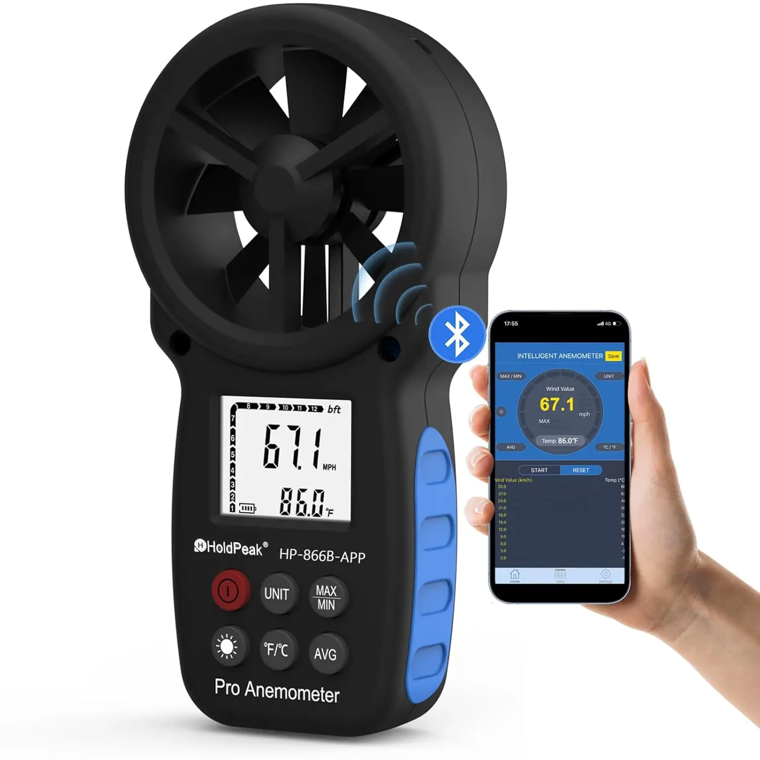 Digital Anemometer HoldPeak HP-866B-APP Wind Speed Wireless Bluetooth Connection Measuring Wind Speed Temperature
