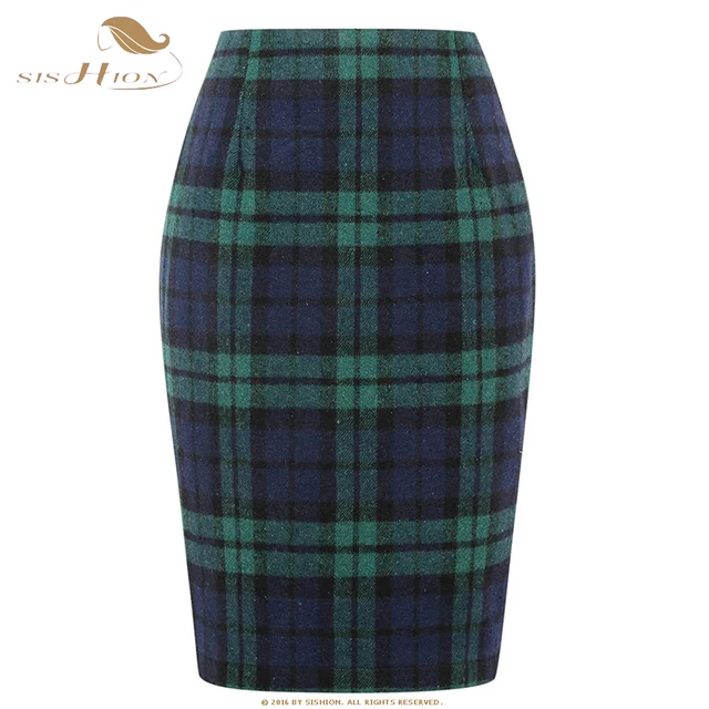 SISHION Autumn Winter Brown Red Green Slim Bodycon Plaid Skirts for Women VD3594 High Waist Wool Sexy Office Lady Pencil Skirt