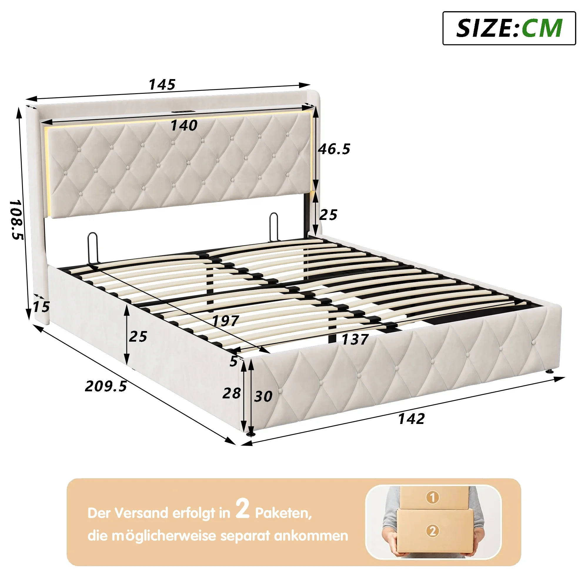 Anajqaqia Upholstered Double Bed 140x200cm with USB & LED Headboard Hydraulic Storage Bed Frame with Slatted Frame Velvet Beige