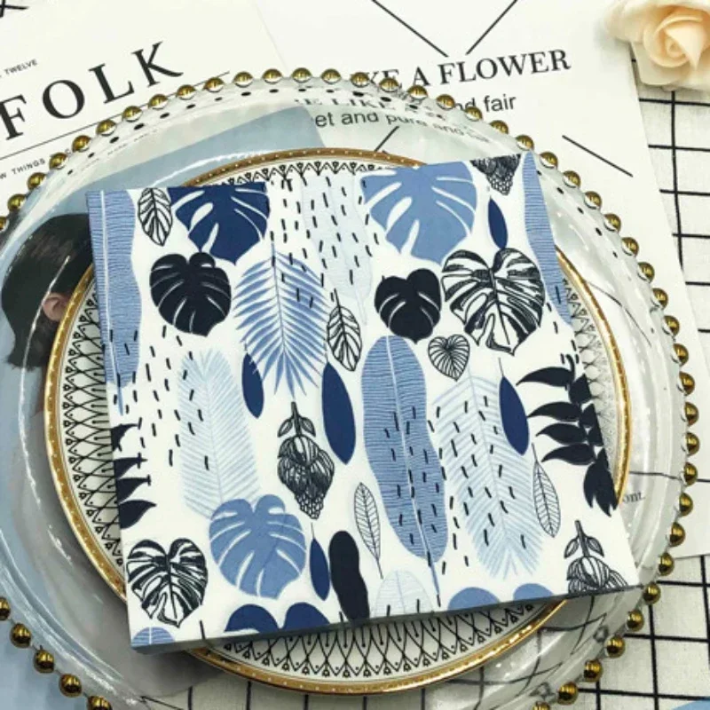 10/20pcs/Bag Colourful Printed Napkins Blue Leaves Creative Square Folding Facial Napkins Restaurant Party Baking Mouthcloths