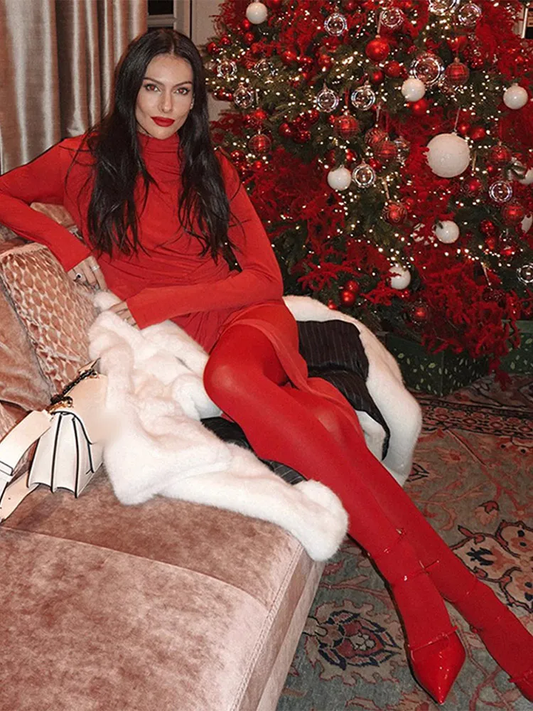 

Fashion Red Split Midi Dress For Women Elegant High Waist Bodycon Robe 2024 Female Half High Collar Evening Prom Vestidos