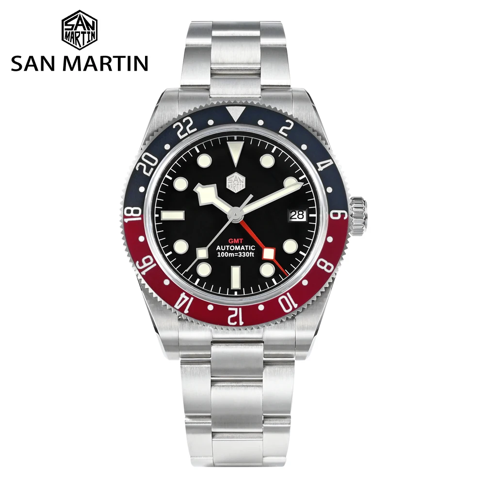 

San Martin 2023 New NH34 GMT Men Luxury Watch Bidirectional Aluminum Bezel Automatic Mechanical Sapphire 100M Waterproof Date