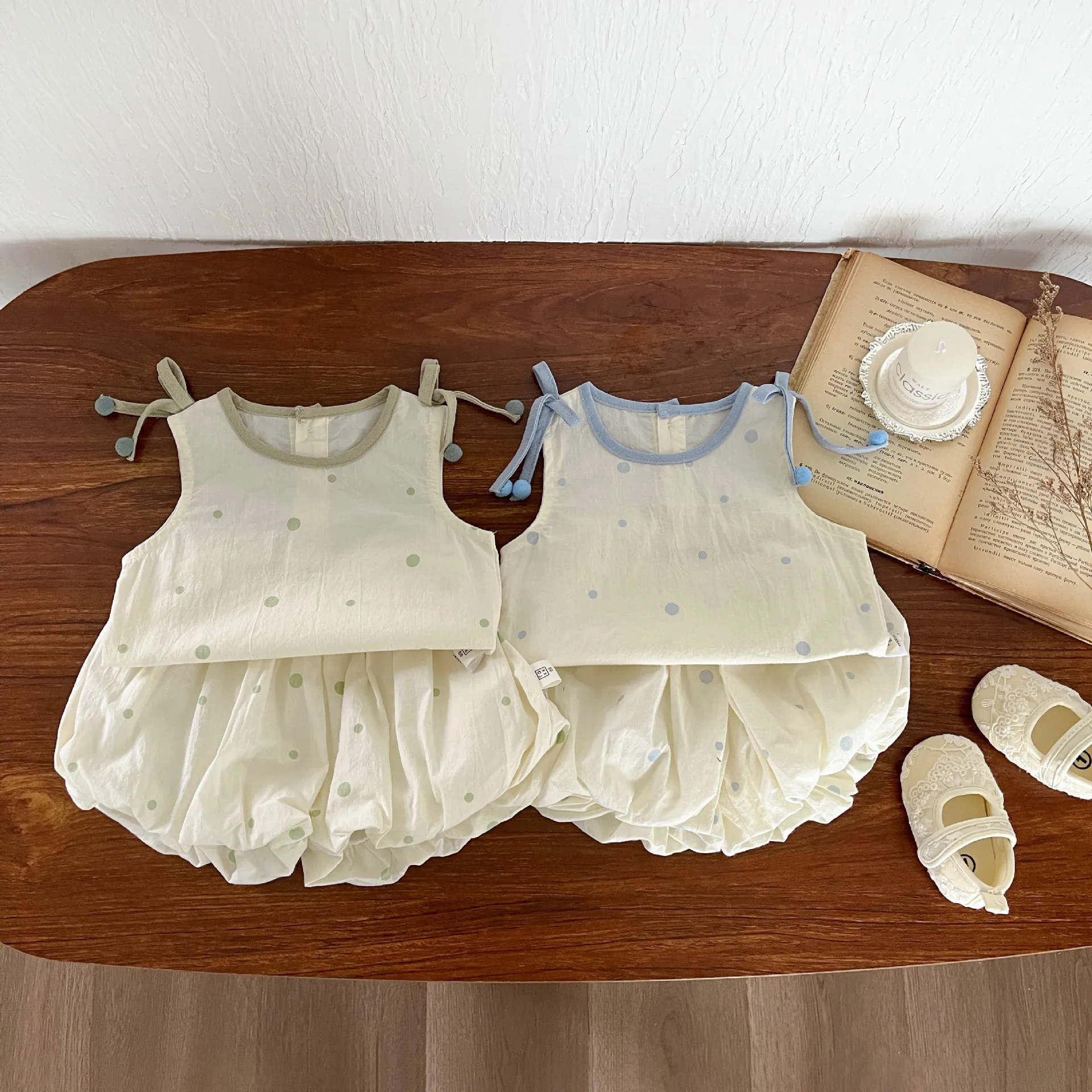 

Summer 2024 Korean Baby Girls 2PCS Clothes Set Cotton Thin Sleeveless Tank Top Puffy Dot Shorts Suit Toddler Girls Outfits