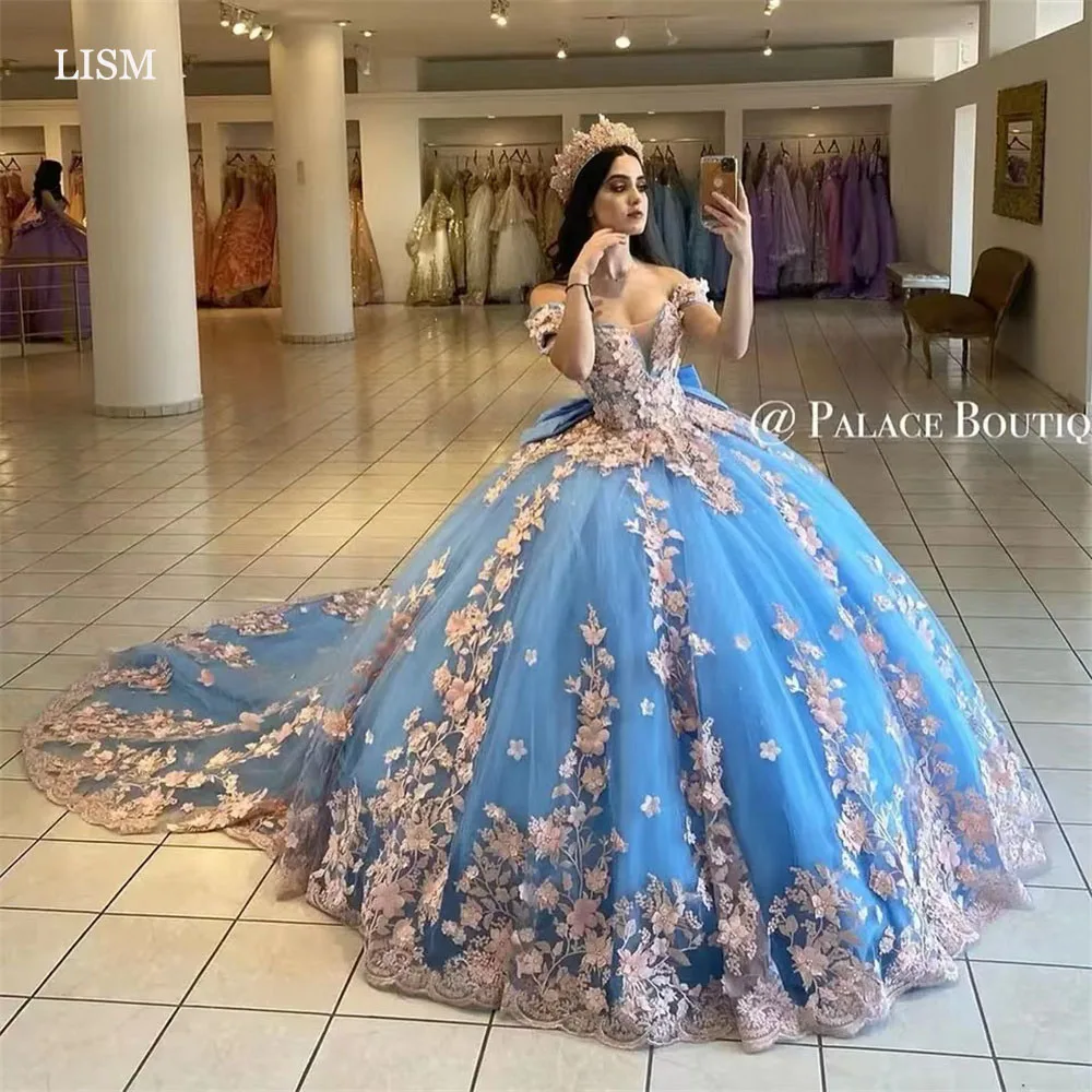 

LISM Gorgeous 3D Flowers 15 Quinceanera Dresses Glitter Off The Shouder Sweetheart Bow Corset Ball Gown Birthday Party Dress