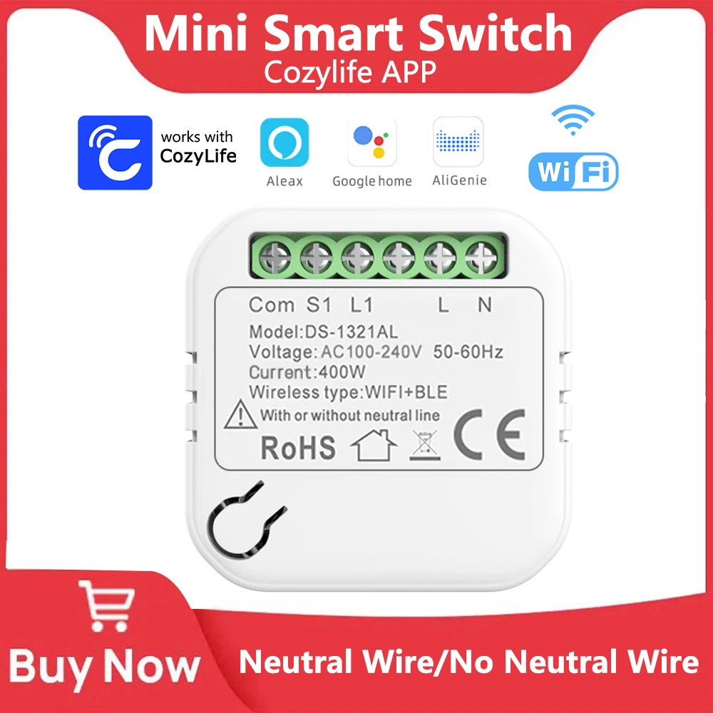 Cozylife WiFi 미니 스마트 스위치 중립선 없음 400W DIY 양방향 제..