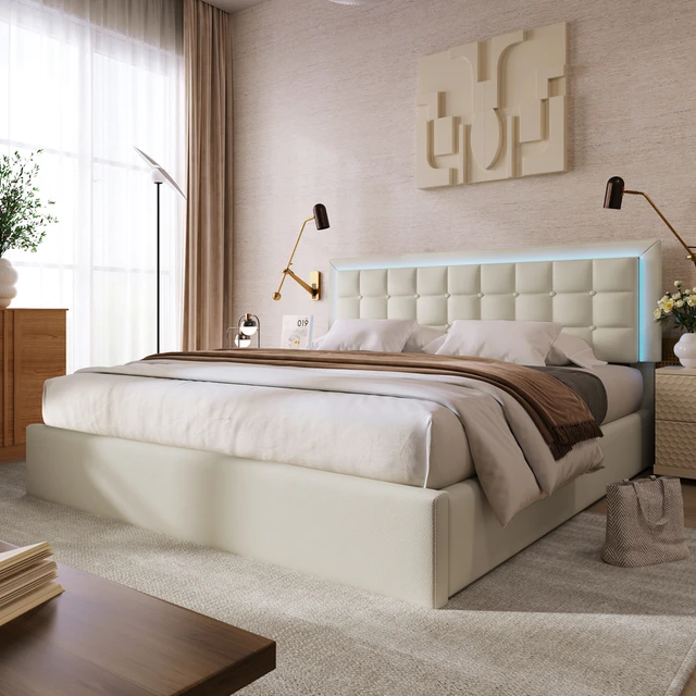 Cama tapizada de 180x200 con marco de listones y cabecero, cama LED,  soporte de listones de madera elevable hidráulicamente, PU, blanco -  AliExpress