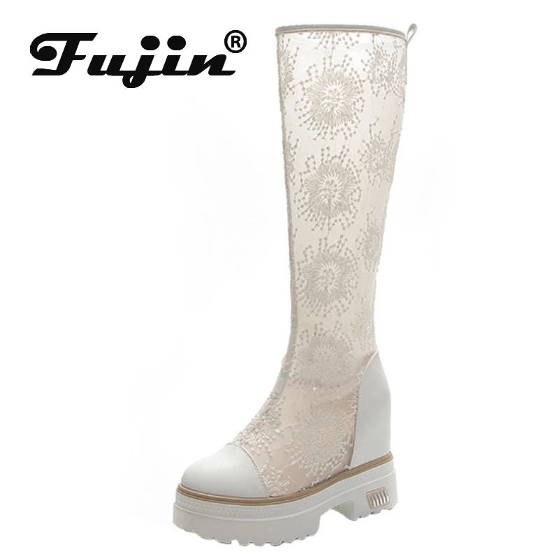 

Fujin/10 см; Женские сапоги до колена из натуральной кожи с сетчатым верхом; Летняя обувь; Сапоги на платформе; Пикантные женские летние сапоги на танкетке с кружевом