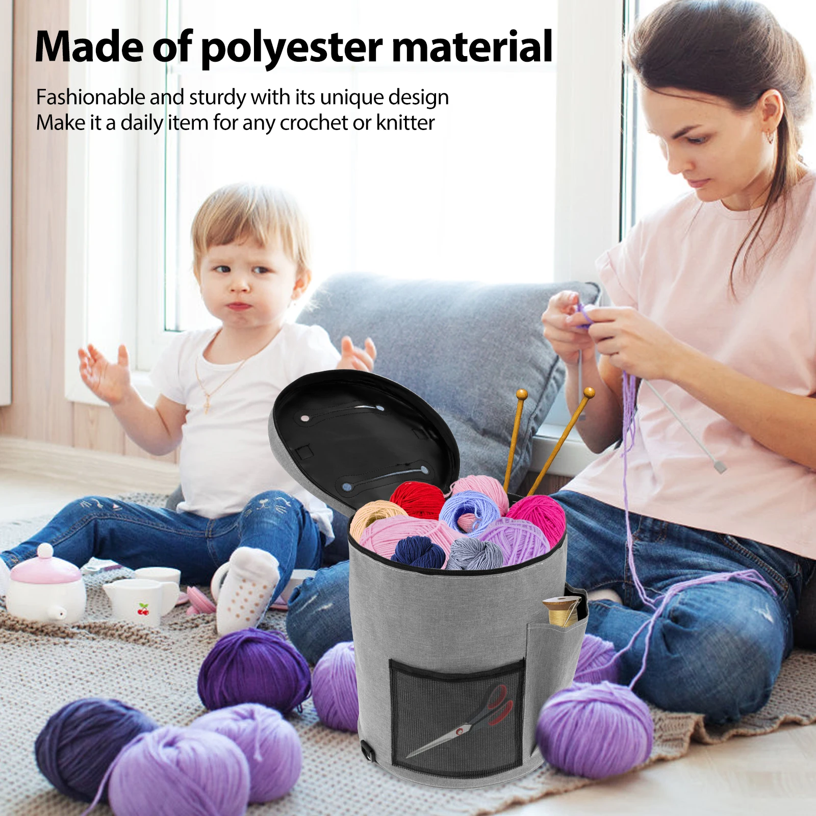 Knitting Tool Storage Bag Yarn Crochet Organizer Tote Bag Large Capacity Portable with Front Yarn Needles Hooks Pocket for Knitting Tool Organizer