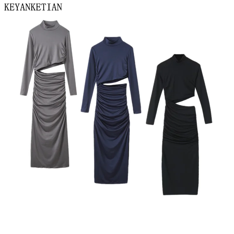 

KEYANKETIAN Autumn New Asymmetrical Hollow out Expose waist Women's Sheath Dress Mock Neck Long Sleeve Pleats MIDI Skirt Xshape