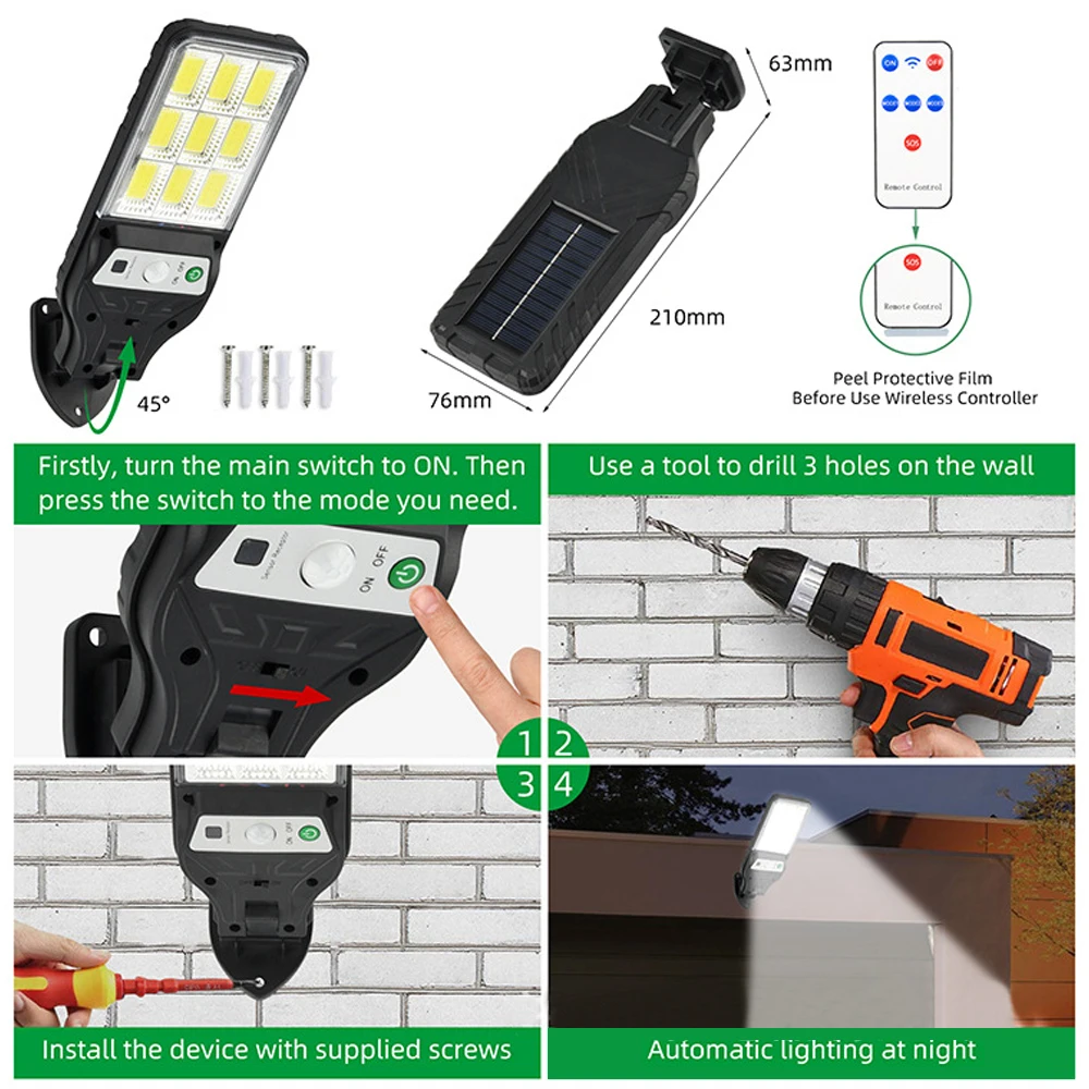 Solar Wall Lamp, 9-Grid COB LED Motion Sensor Outdoor Light, Waterproof Garden Courtyard Path Lighting with Multiple Modes 2