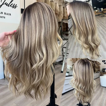 Parrucche Ondulate 100% Capelli Umani con Highlights Ombré Marrone e Biondo Cenere, Parrucca Brasiliana Colorata Biondo 613, Parrucca Frontale in Pizzo Trasparente 13x6 360