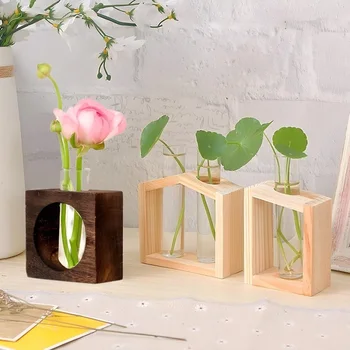 Contenitore per piante idroponiche con struttura in legno Provetta in vetro trasparente Vaso da fiori Decorazioni per bonsai da tavolo per la casa Artigianato 1