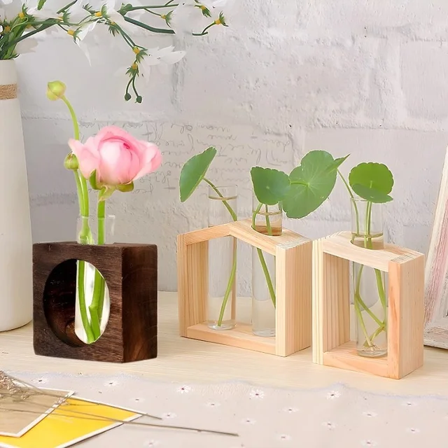 Contenitore per piante idroponiche con struttura in legno Provetta in vetro trasparente Vaso da fiori Decorazioni per bonsai da tavolo per la casa Artigianato 1