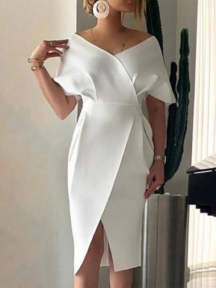 

White Elegant Party Dress For Women Summer Vintage Simple Half Open Collar Raglan Sleeve Sexy Slit Wedding Club Large Size 3XL