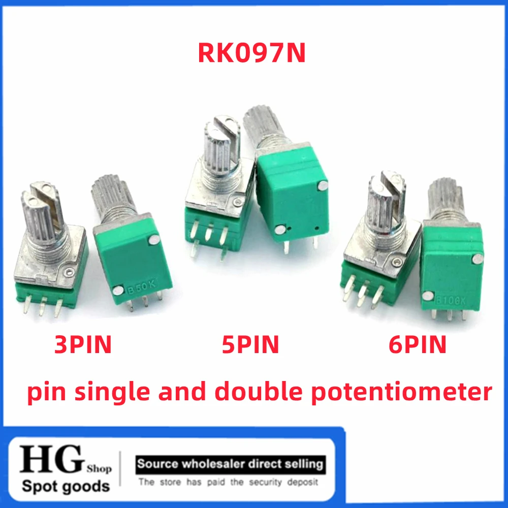 5PCS/Lot RK097N 3PIN RK097NS 5pin RK097G 6-pin single and double potentiometer B1K 5K/10K/20K/50K/100K 500K length 15MM