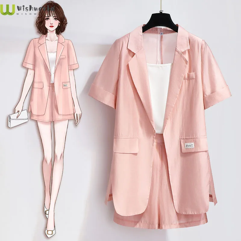 

Large Women's Summer Suit Women's 2022 New Style Waist Closing Slim Age Reducing White Suspender Top and Shorts Three Piece Set
