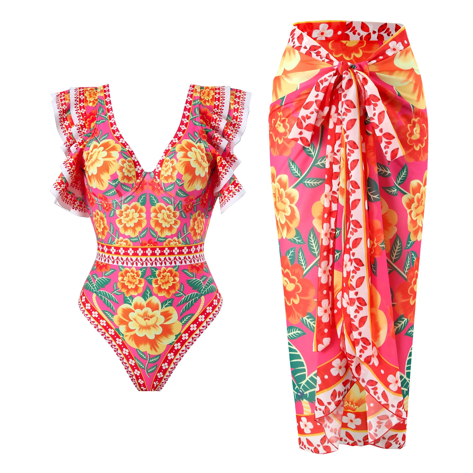 

2024 Sexy Ruffle One Piece Swimsuit Skirt Summer Women Vintage Bikinis Print Swimwear Beachwear Summer Dress Monokini Bath Suit