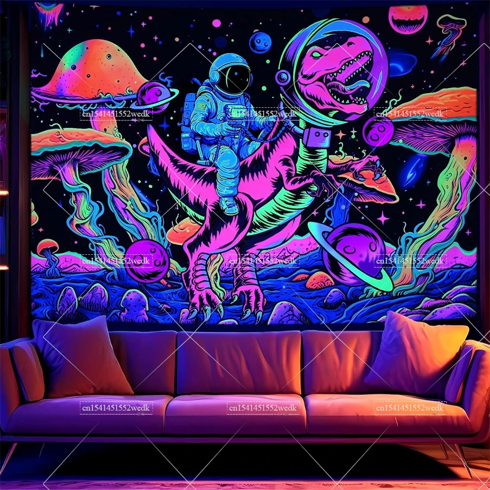 Blacklight Dinosaur Tapestry UV Reactive Space Astronaut Tapestries Neon Galaxy Planet Tapestry Stars Wall Hanging For Bedroom
