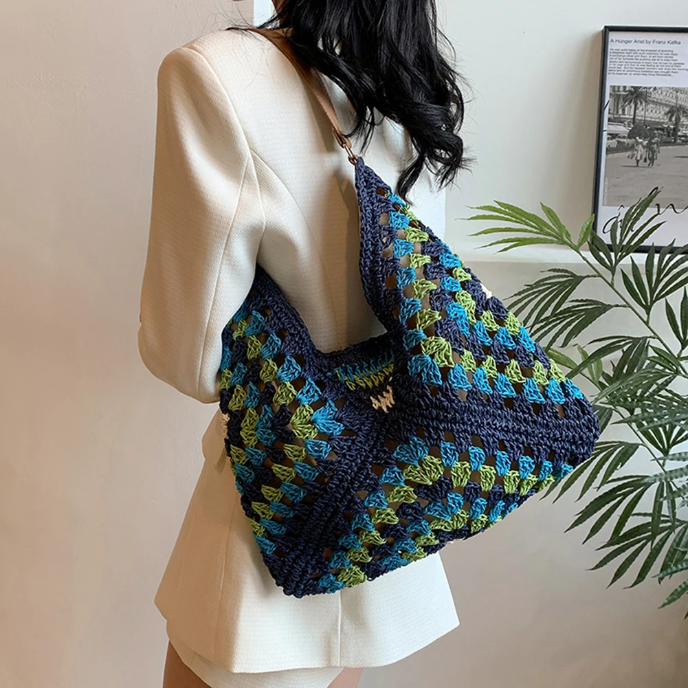 Women Summer Beach Bag Large Capacity Crochet Hobo Bags Hollow Out Handbags Patchwork Hasp Closure for Beach Vacation
