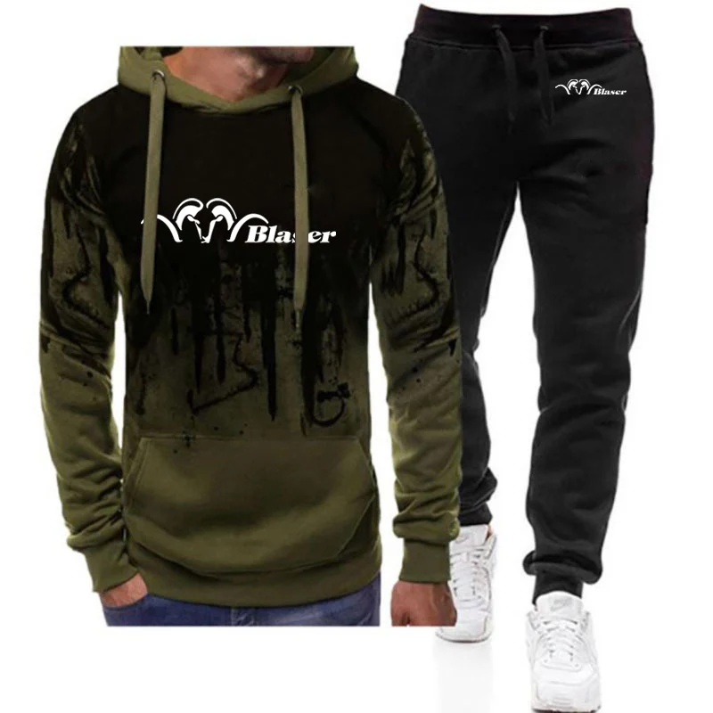 2024 Blaser Hunt Rifle Men New Gradient Hooded Hoodie + Pants Tracksuits Casual Print Sweatpant Leisure Harajuku Sportwear Suits 4