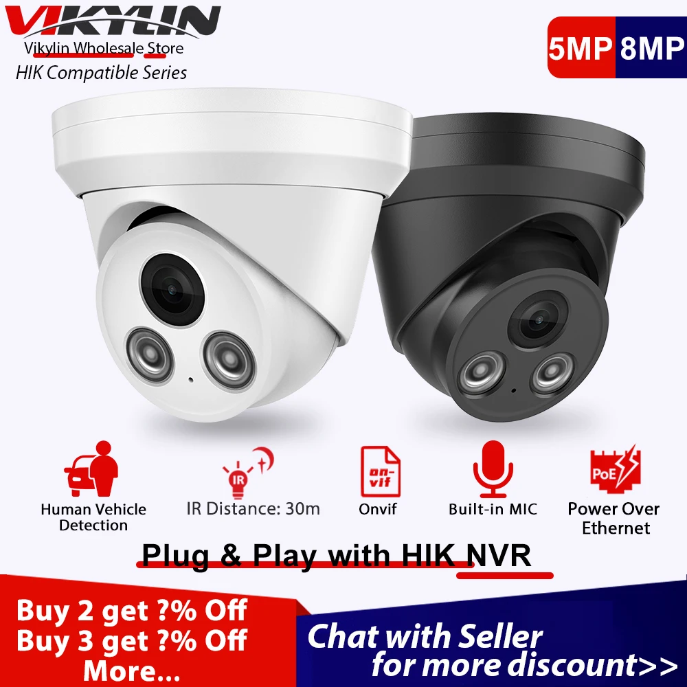 

Видеокамера видеонаблюдения Vikylin, 8 Мп, PoE, ИК, ночное видение, совместимая с Hikvision, IP-камера с микрофоном, обнаружение человека, Onvif, 2,8 мм