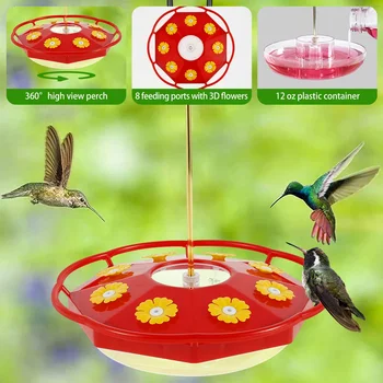 showing a red hummingbird feeder from different angles and with different features highlighted