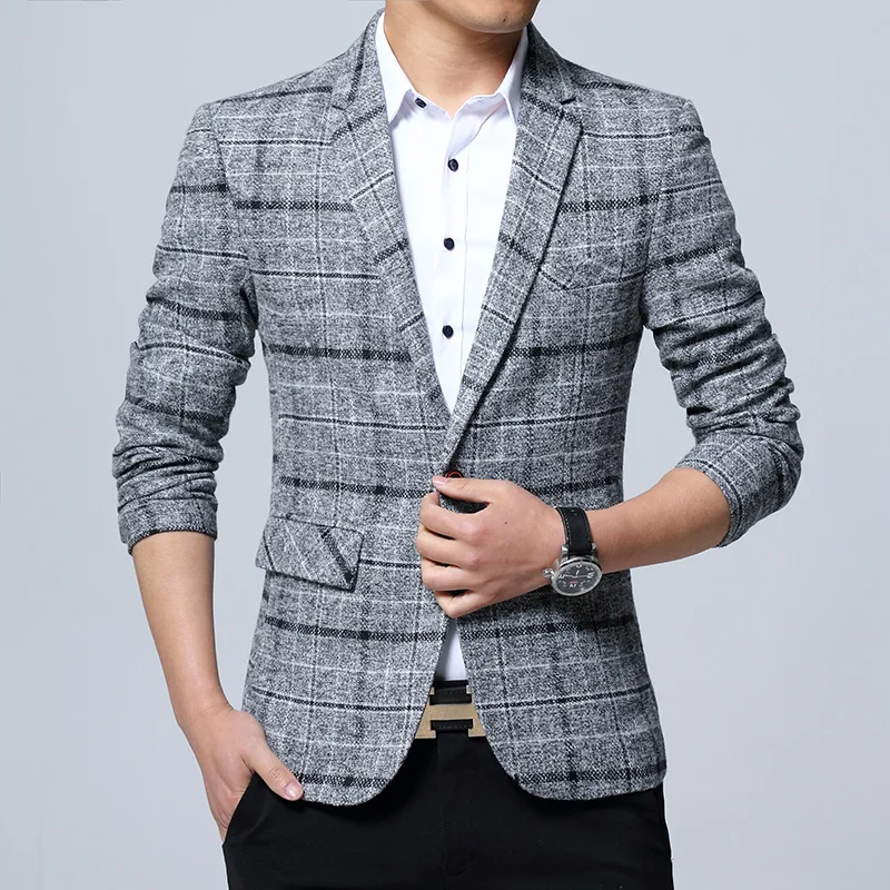 Fashion Plaid Men's Blazers Autumn Single Button Blue Khaki Gray Young Man Clothing Casual Business Slim Fit Male Suits Jacket