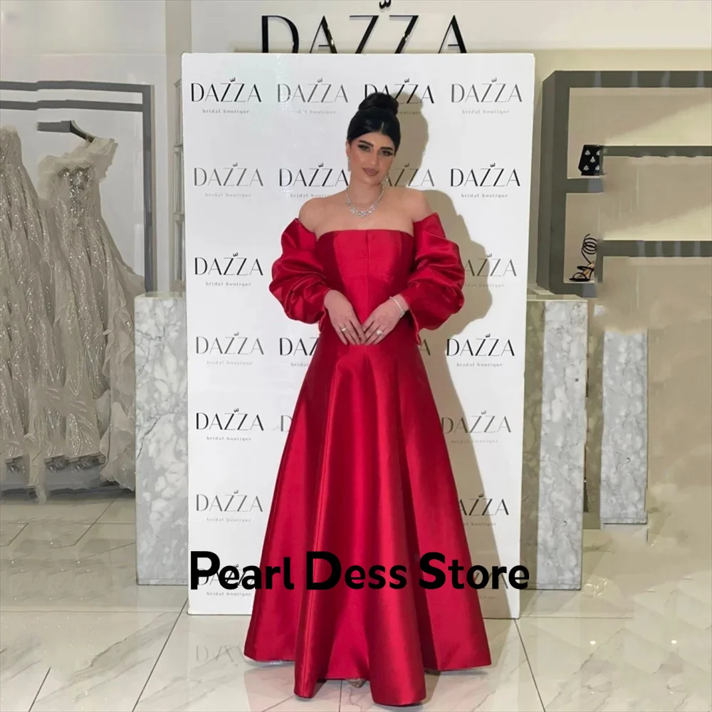 

Back Bow A-line Evening Dress Red Satin Off Shoulder Party Dress 2024 Fluffy Long Satin