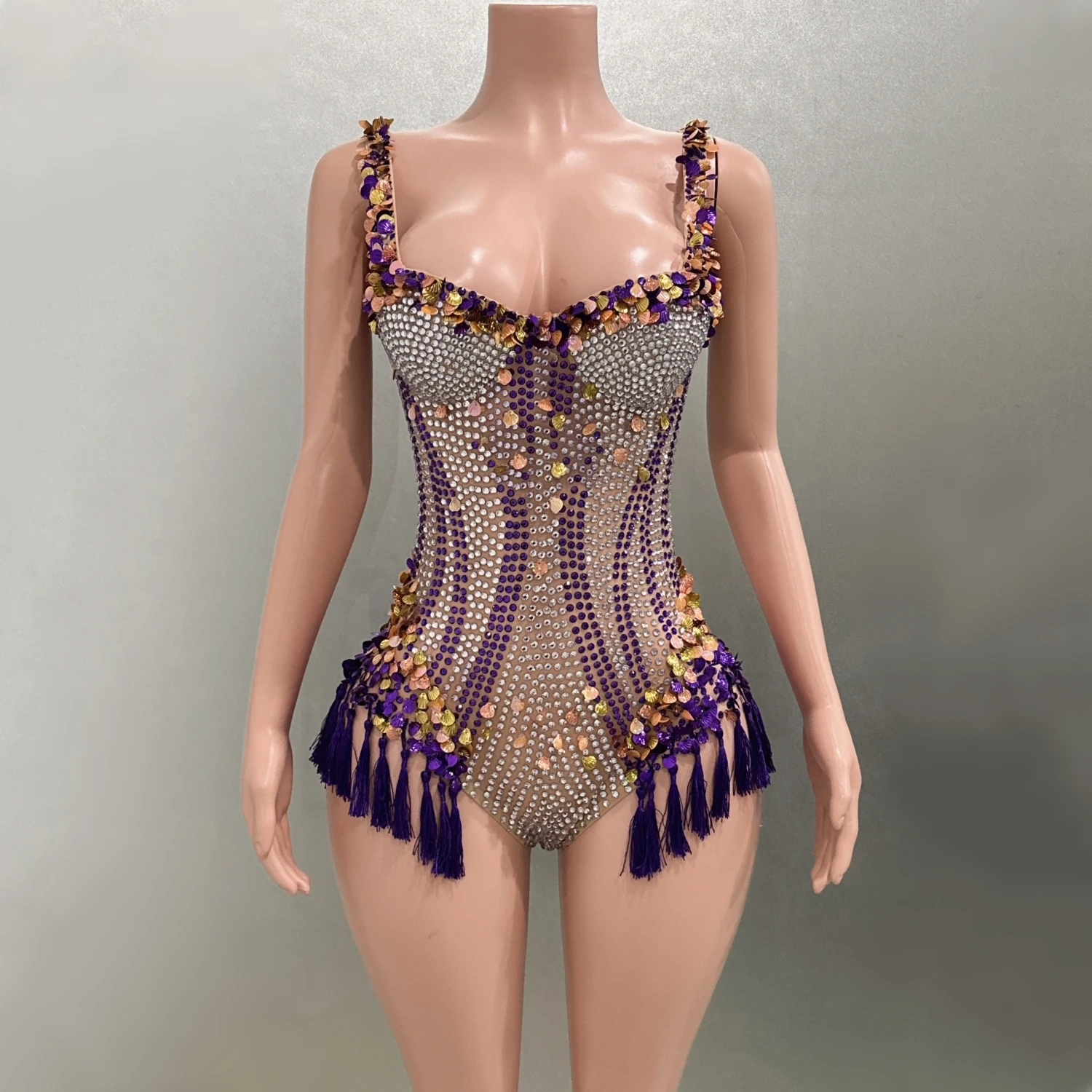 Luxury Diamonds Sequins Tassels Sexy Bodysuit Party Evening Star Performance Costume Nightclub Singer Dancer Stage Wear