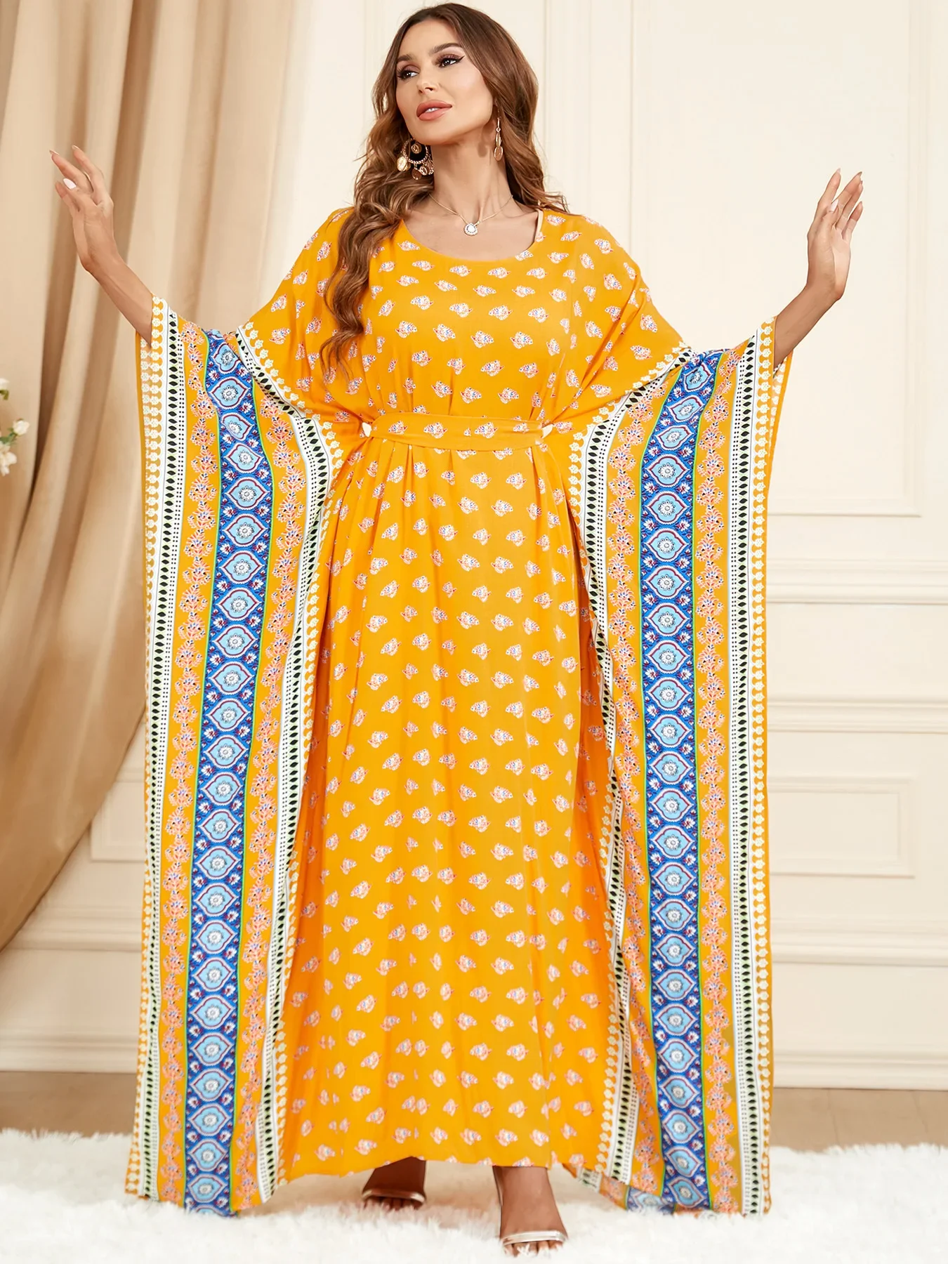 

Eid Arab Muslim Party Dress for Women Abaya Bat Sleeve Floral Print Jalabiya Long Dresses Kaftan Vestido Dubai Ramadan Gown Robe