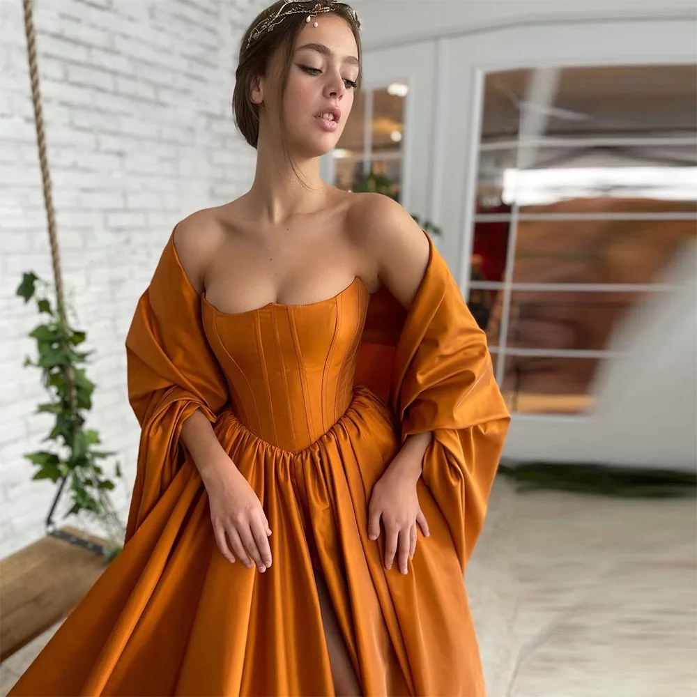 

Sevintage Orange Long satin Prom Dresses Strapless High Side Split Sleeveless A-Line Evening Gown Formal Party Dress with Pocket