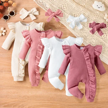 2PCS Autumn New Style 0-1 Year Old Girl Baby Sweet And Cute Solid Color Flying Sleeve Waffle Long-Sleeved Jumpsuit + Hair Band 1