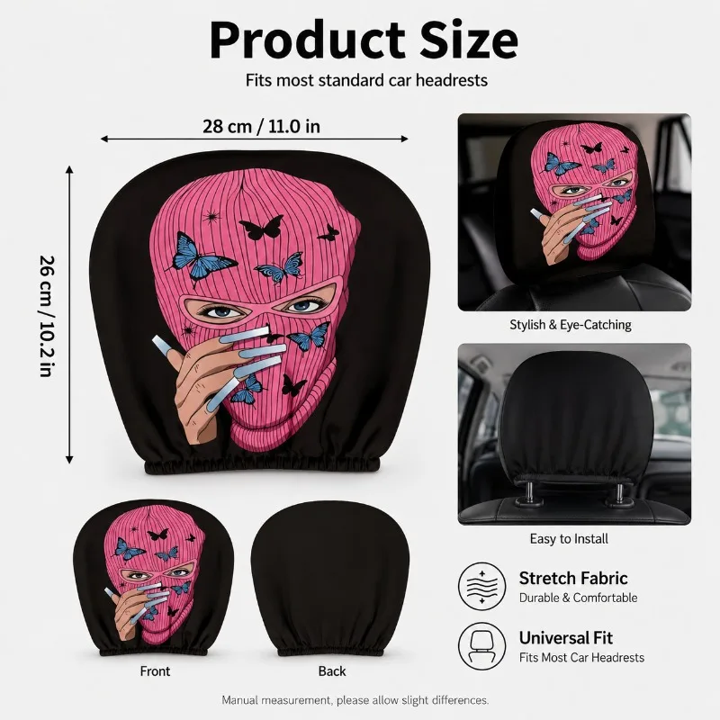 Pink Butterfly Mask Car Headrest Cover Universal Stretch Seat Protector Interior Decoration for Sedan SUV 11x10.2in Auto Decor