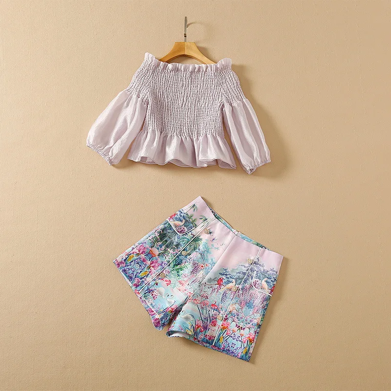 

European and American women's wear spring 2022 new 5 minutes of sleeve One word led shirt Printed button shorts Fashion suits