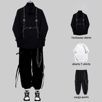 HOUZHOU Techwear Pant Sets Men Punk 3 piece outfits Black Cargo Pants Long Sleeve Shirts Korean Streetwear Hip Hop Spring 1