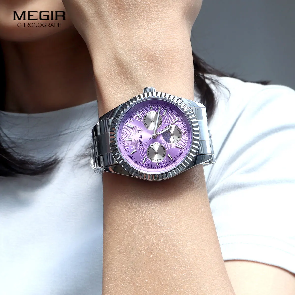 Elegant Men's Fashion Quartz Watch with Luminous Display, Day-Date, 24-Hour Moon Phase, and Stainless Steel Band