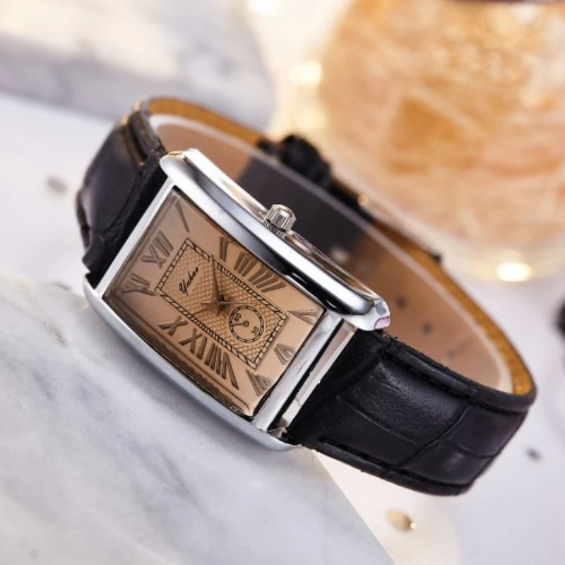Luxury Rectangle Dial Quartz Watch with Leather Band