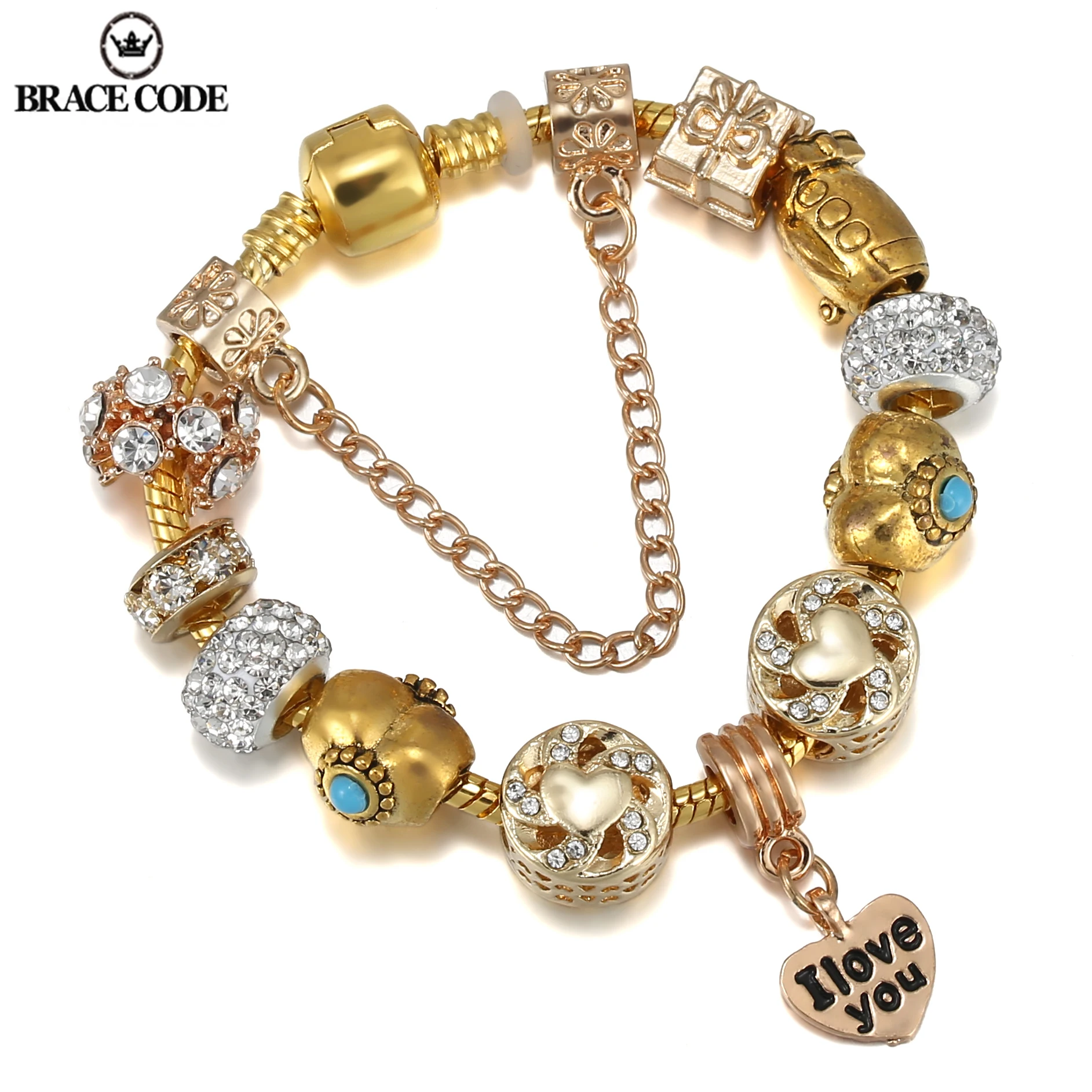 

European And Jewelry Shiny Gold Color Love DIY Crystal Beaded Bracelet Brand Bangle "I Love You" Women's Children's jewelry Gift
