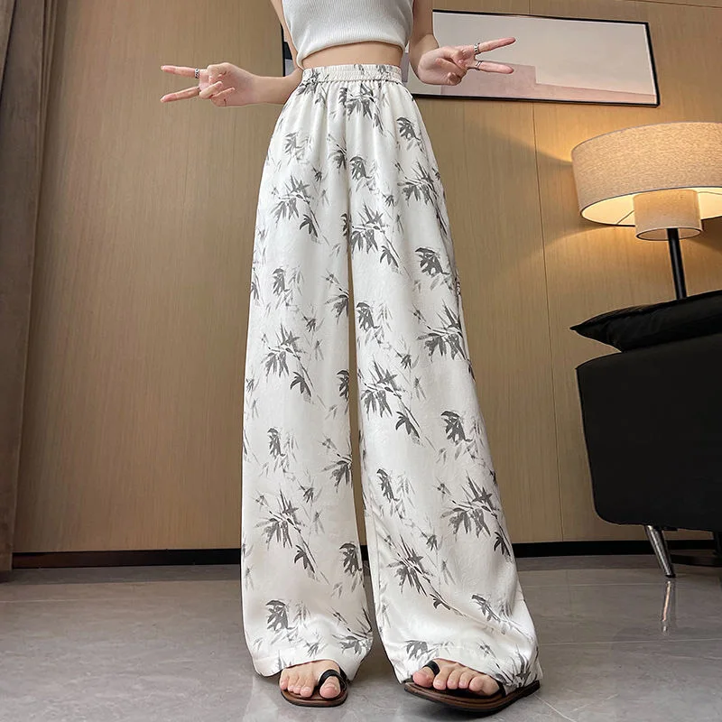 

Chinese Style Print Acetic Acid Ice Silk Wide Leg Pants Women Summer Thin High Waist Straight Casual Air Conditioning Cool Pants