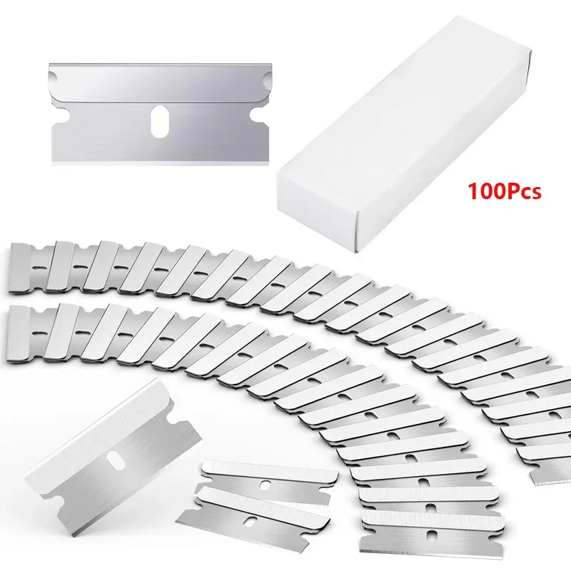 100pcs 면도날 스크레이퍼 금속 유리 접착제 클리너 리무버 교체 커터 블레이드 탄소강 블레이드 자동차 색조 도구 ?