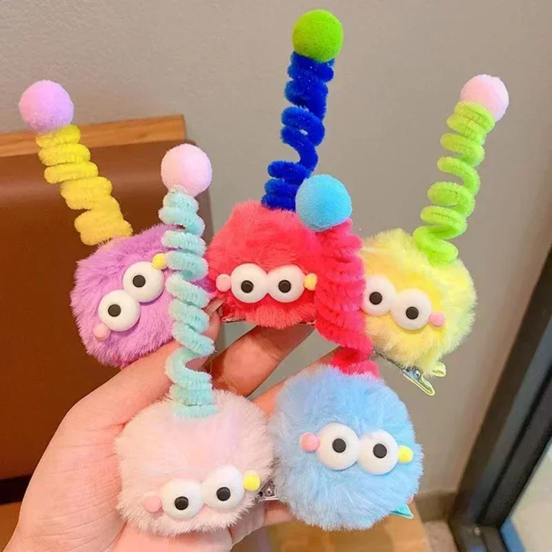 1/5pcs Colorful Little Monster Hairpins Girls Kid Cartoon Plush Antenna Briquettes Hair Clips Barrette Big Eye Doll Headwears 2