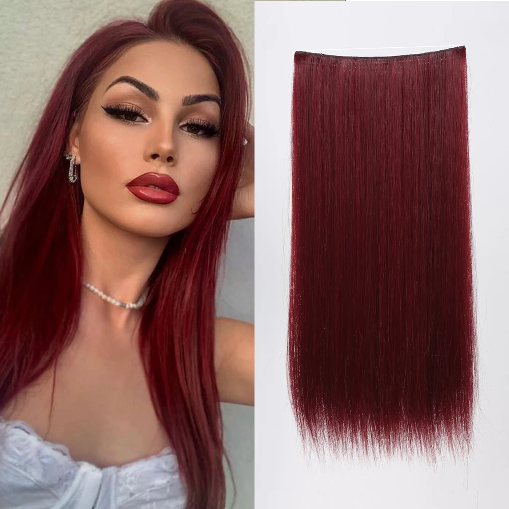 SyntheticLongStraightHairstyleClipinHairExtensionWineRed