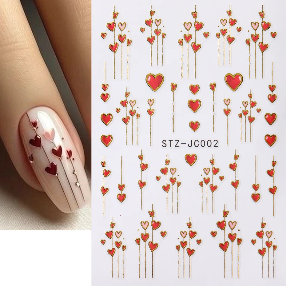 2 Stück 3D Valentinstag Herz Goldstreifen-Aufkleber Liebesherz-Linien Nagelaufkleber Romantische Rot-Rosa Klebende Slider Maniküre-Tipps – Detail 1