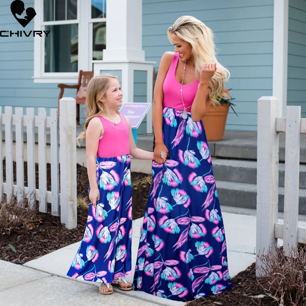 

New 2022 Mother Daughter Summer Dresses Sleeveless Flower Patchwork Sundress Mom Mommy and Me Maxi Dress Family Matching Outfits
