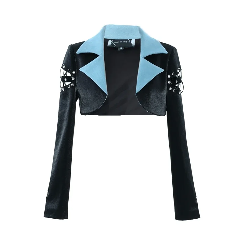 New 2023 designer Y2K futuristic Short Black Blazer Jacket sweet cool slim versatile color patch gothic punk women jackets coat